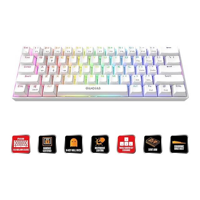 Gamdias GD-HERMES E3 RED WH 61 Key RGB Mechanical Gaming Keyboard, Red Switch, Certified Optical Switches, N-Key Rollover and Anti-Ghosting Functionality (White) | GD-HERMES E3 RED WH