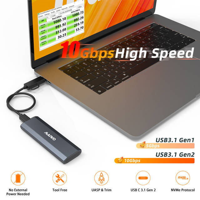 MAIWO K1690P Aluminum USB3.2 Type-C Tool free Enclosure for M.2 PCIe NVMe SSD | K1690P