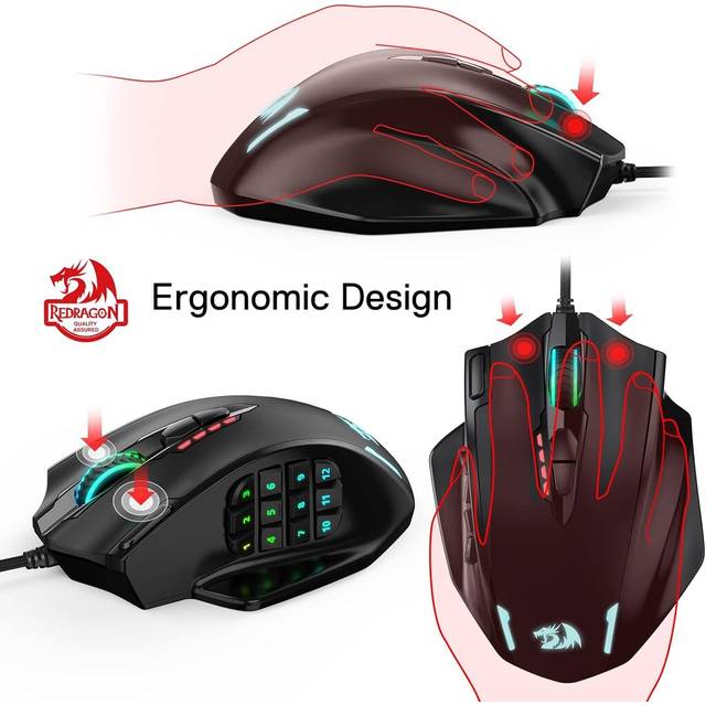 Redragon M908 IMPACT MMO Gaming Mouse up to 12,400 DPI High Precision Mouse for PC, 18 Programmable Buttons, Weight Tuning Cartridge, 12 Side Buttons, 5 programmable user profiles, 16.8 Million Customizing LED Color Option | M908