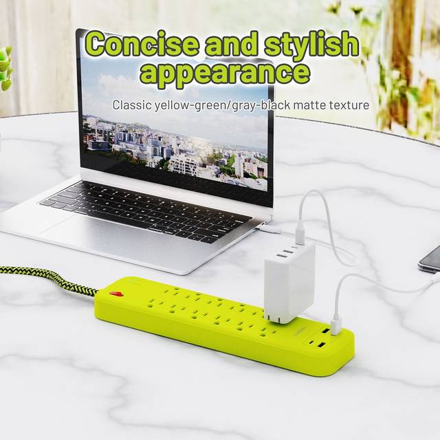 OMNIBARPLUS 6 Ft Power Strip Surge Protector - 12 Outlets 4 USB Ports (3 USB A), Maxpw Ultra Thin Flat Extension Cord & Flat Plug, 1700 Joules, Desk Charging Station for Home Office Dorm (yellow-green) | OMN-PSK-XPUSB-4 O16-000019