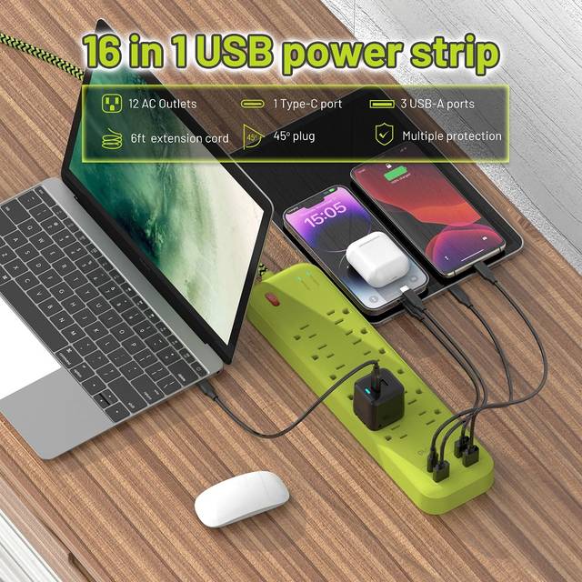 OMNIBARPLUS 6 Ft Power Strip Surge Protector - 12 Outlets 4 USB Ports (3 USB A), Maxpw Ultra Thin Flat Extension Cord & Flat Plug, 1700 Joules, Desk Charging Station for Home Office Dorm (yellow-green) | OMN-PSK-XPUSB-4 O16-000019