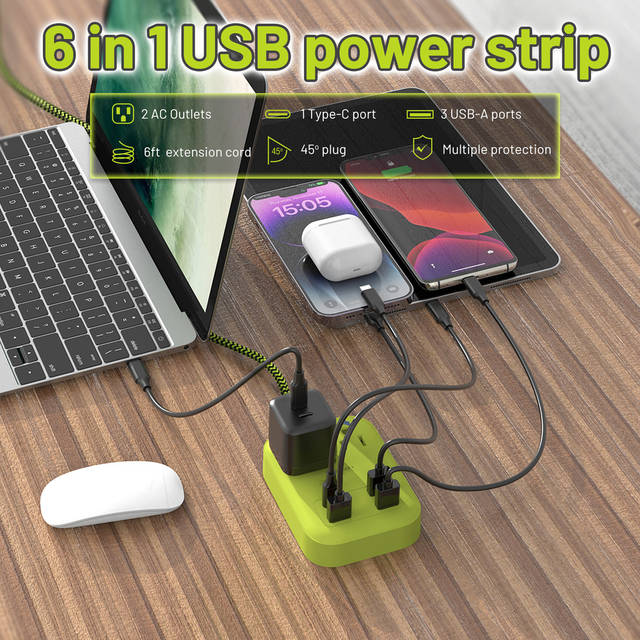 OMNIBAR 6 Ft Power Strip Surge Protector - 2 Outlets 4 USB Ports (3 USB A), Maxpw Ultra Thin Flat Extension Cord & Flat Plug, 1700 Joules, Desk Charging Station for Home Office Dorm (yellow-green) | OMN-PSK-XPUSB-1 O16-000016