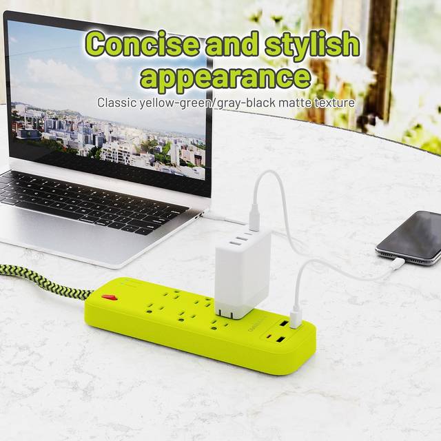 OMNIBARPLUS 6 Ft Power Strip Surge Protector - 6 Outlets 4 USB Ports (3 USB A), Maxpw Ultra Thin Flat Extension Cord & Flat Plug, 1700 Joules, Desk Charging Station for Home Office Dorm (yellow-green) | OMN-PSK-XPUSB-3 O16-000018