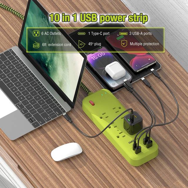 OMNIBARPLUS 6 Ft Power Strip Surge Protector - 6 Outlets 4 USB Ports (3 USB A), Maxpw Ultra Thin Flat Extension Cord & Flat Plug, 1700 Joules, Desk Charging Station for Home Office Dorm (yellow-green) | OMN-PSK-XPUSB-3 O16-000018